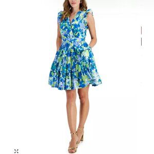 Taylor Floral Ruffle Mini Dress, Blue and Yellow, Size 10